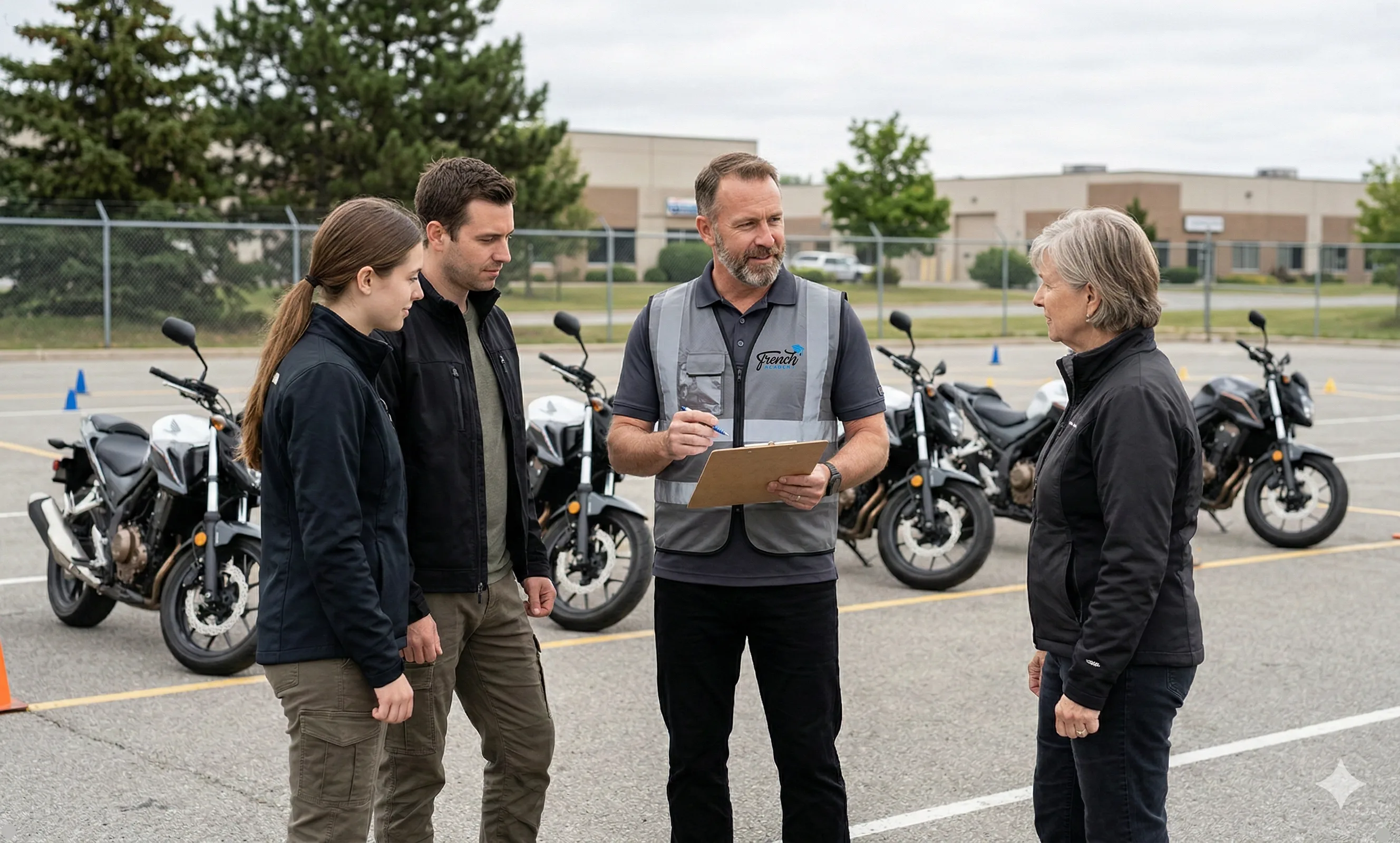 Briefing de groupe moto French Academy — session de formation collective
