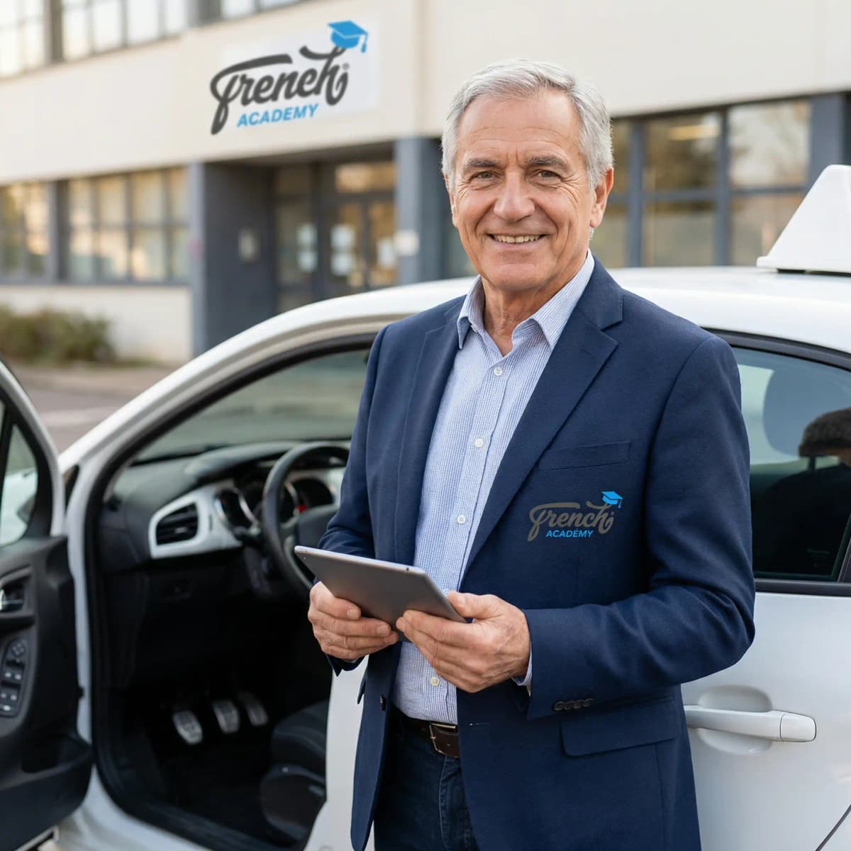 Directeur French Academy devant une voiture brandée