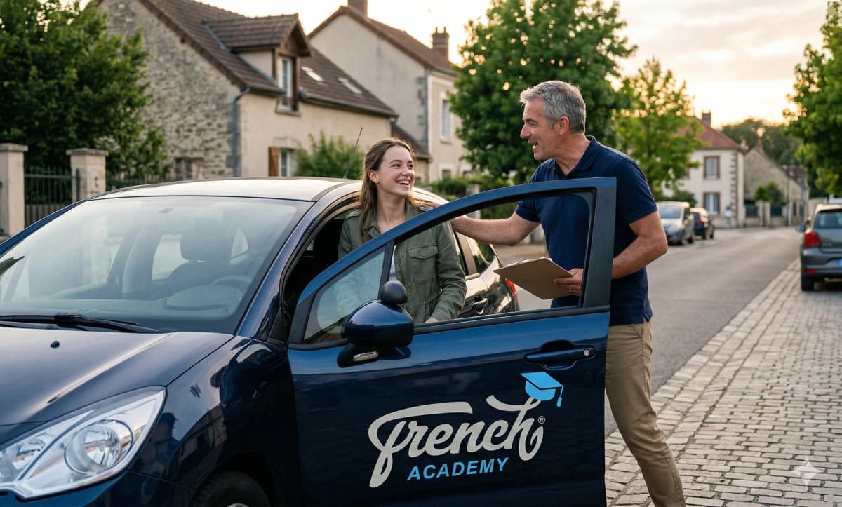 Moniteur auto-école French Academy en leçon de conduite avec un élève