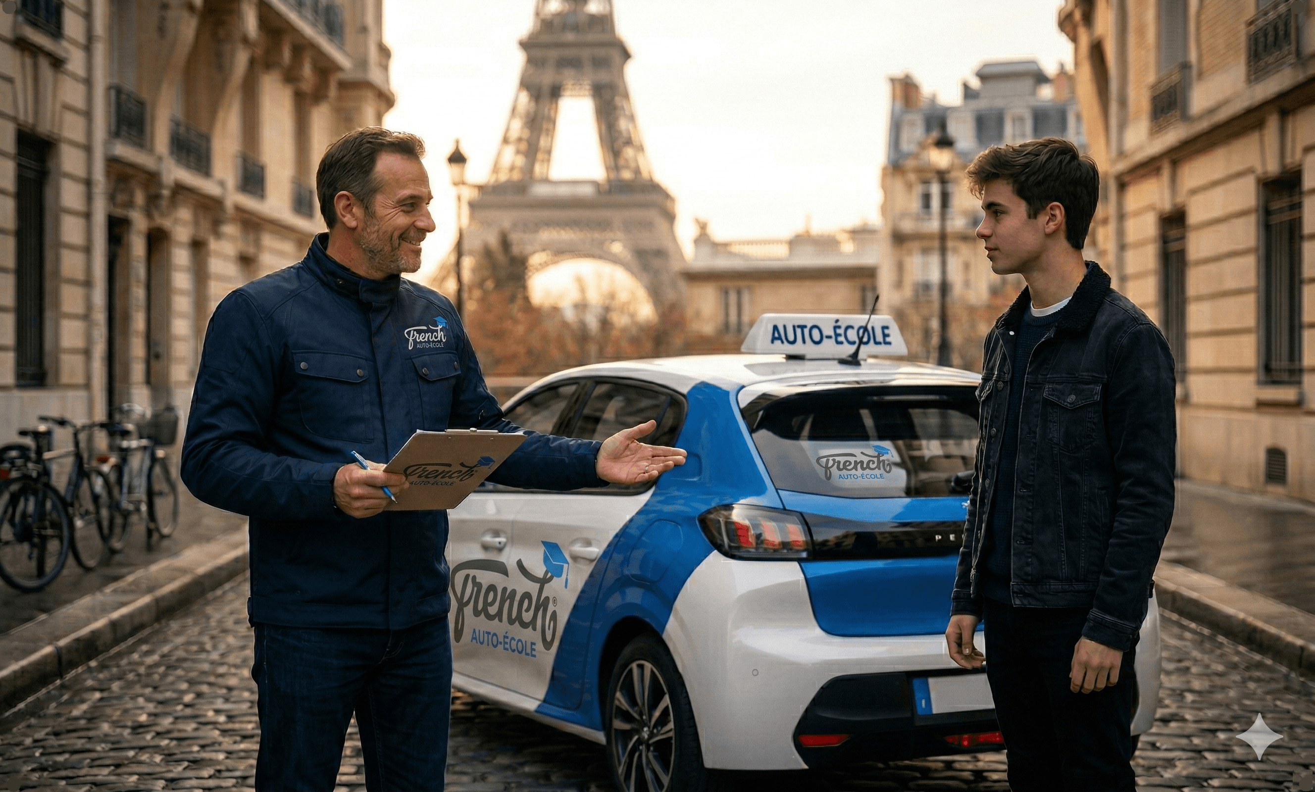 Moniteur auto-école French Academy devant la Tour Eiffel à Paris
