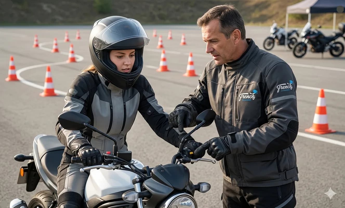 Moniteur moto French Academy avec élève sur le plateau de formation